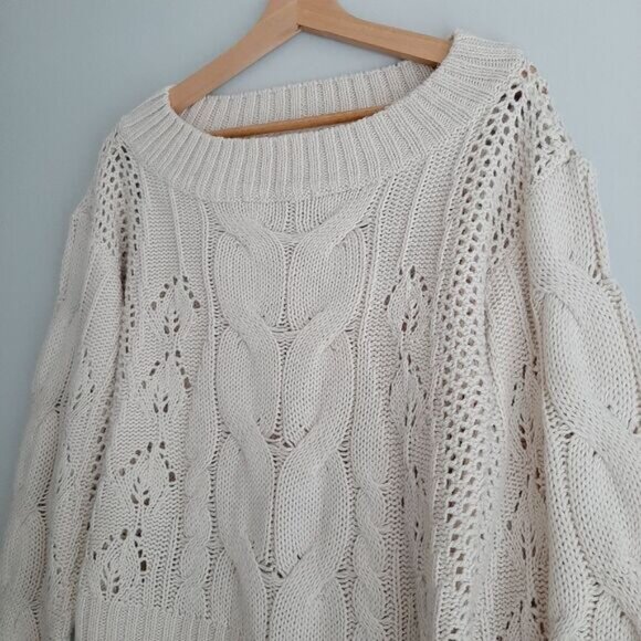 CLOTH by RD Cable Knit Scoop Neck Pullover Knit Sweater Puff Sleeve White Sz XS - Picture 4 of 16